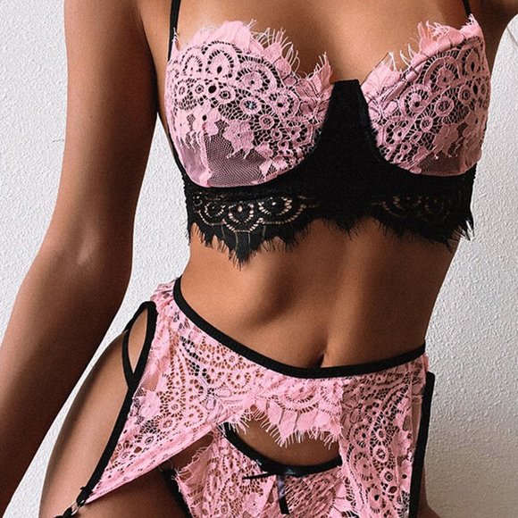 Pink and Black Spaghetti Strap Eyelash Lace Bra Set Garter and Panty L… - Picture 7 of 13